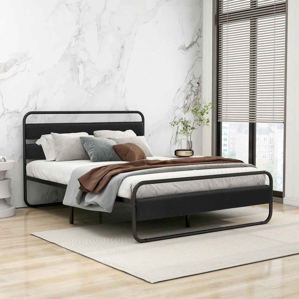 Queen Size Metal Platform Bed Frame with Upholstered Headboard H413