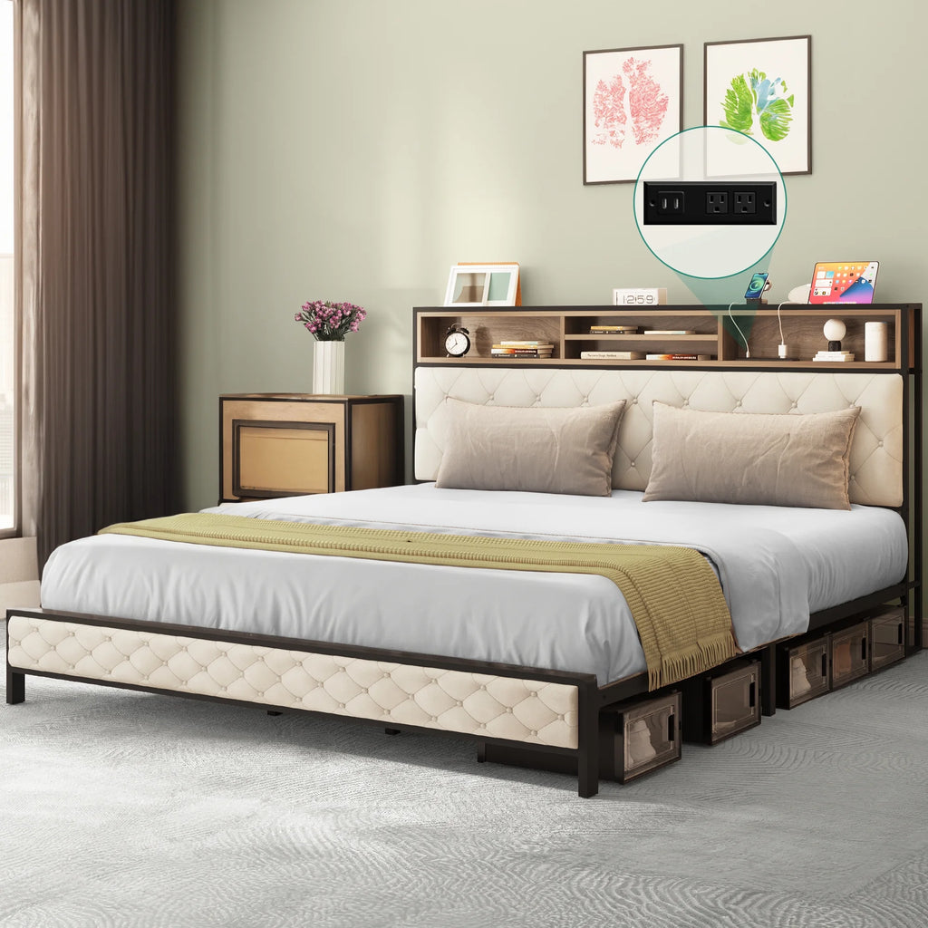 Queen Size Beige Metal Bed Frame with Storage Headboard I8338