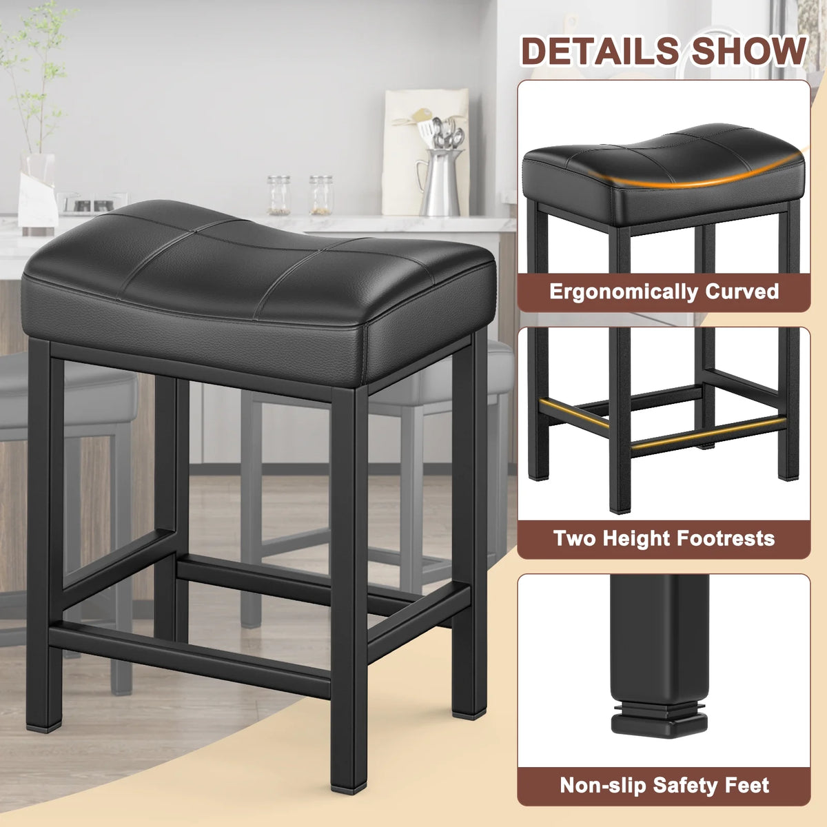 Black PU Leather Counter Bar Stools Set of 2 with Metal Base K493012