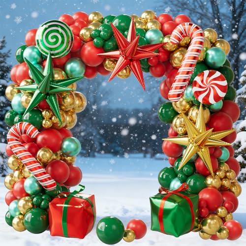 Christmas Balloon Arch Kit, 179PCS Red Green Gold Balloon Garland J7460