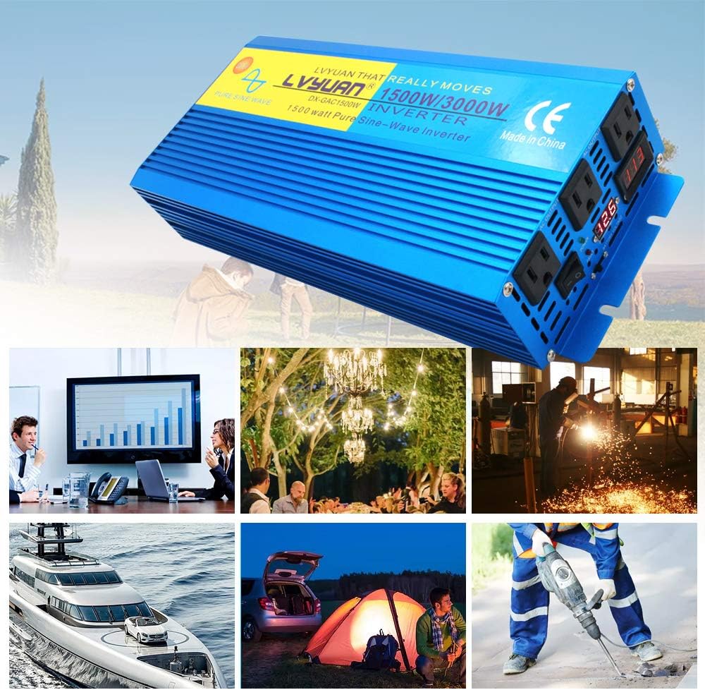 1500W Pure Sine Wave Power Inverter 12V DC to 110V AC with 3 AC Outlets O788791