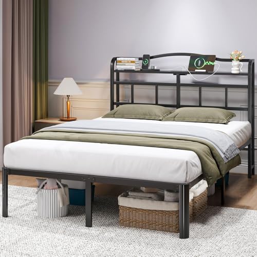 Black 14 Inch Full Size Metal Platform Bed Frame with Storage Headboard and Charging Station D609642