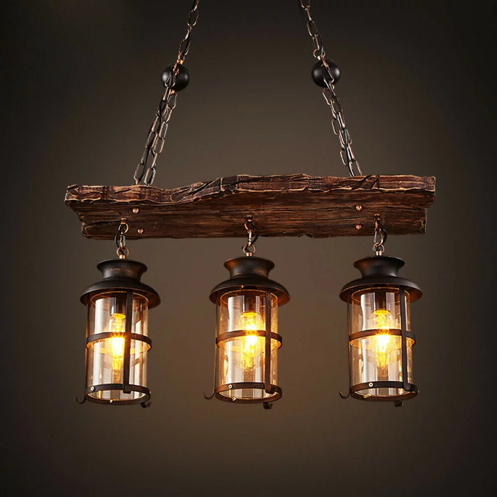 Rustic Wood 3 Heads Hanging Chandelier Ceiling Light Q381