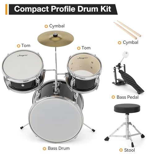 3 Piece Junior Drum Set with Cymbal, Tom, Bass Drum, Drumsticks, Bass Pedal and Drum Stool, Black W123725