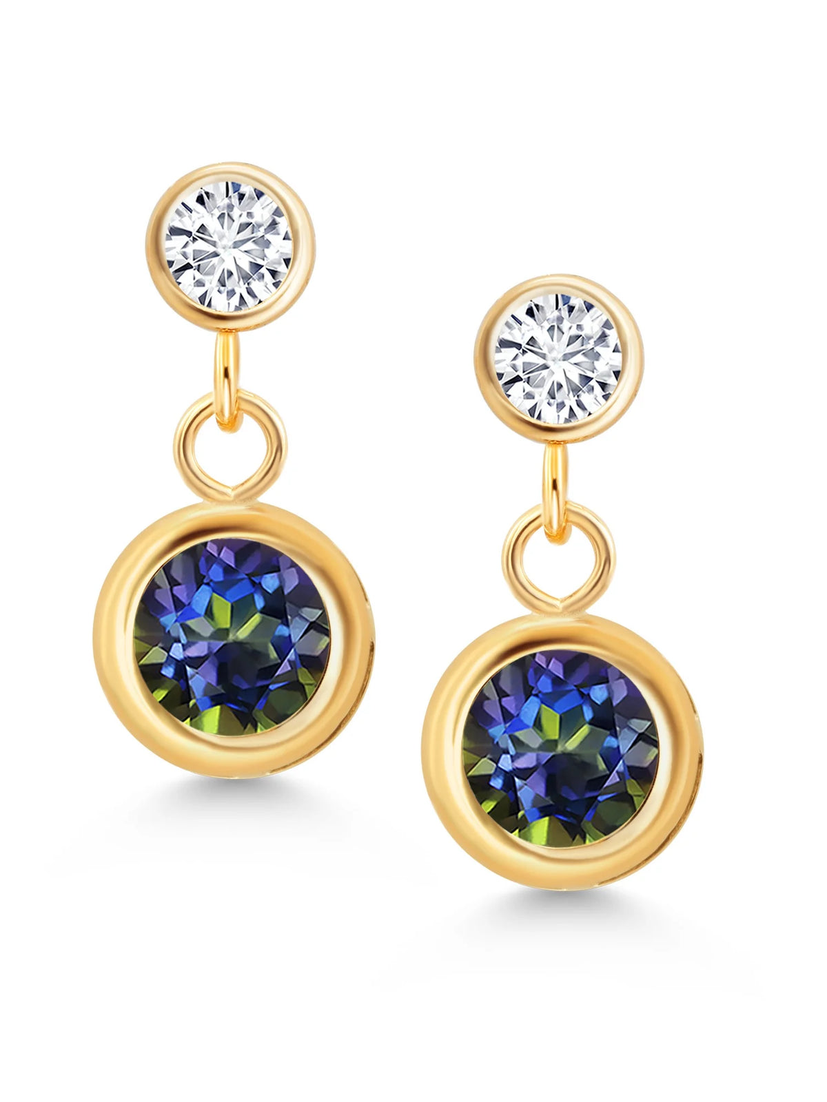 14K Yellow Gold Blue Mystic Topaz and White Diamond Two Stone Bezel Dangle Earrings D1832
