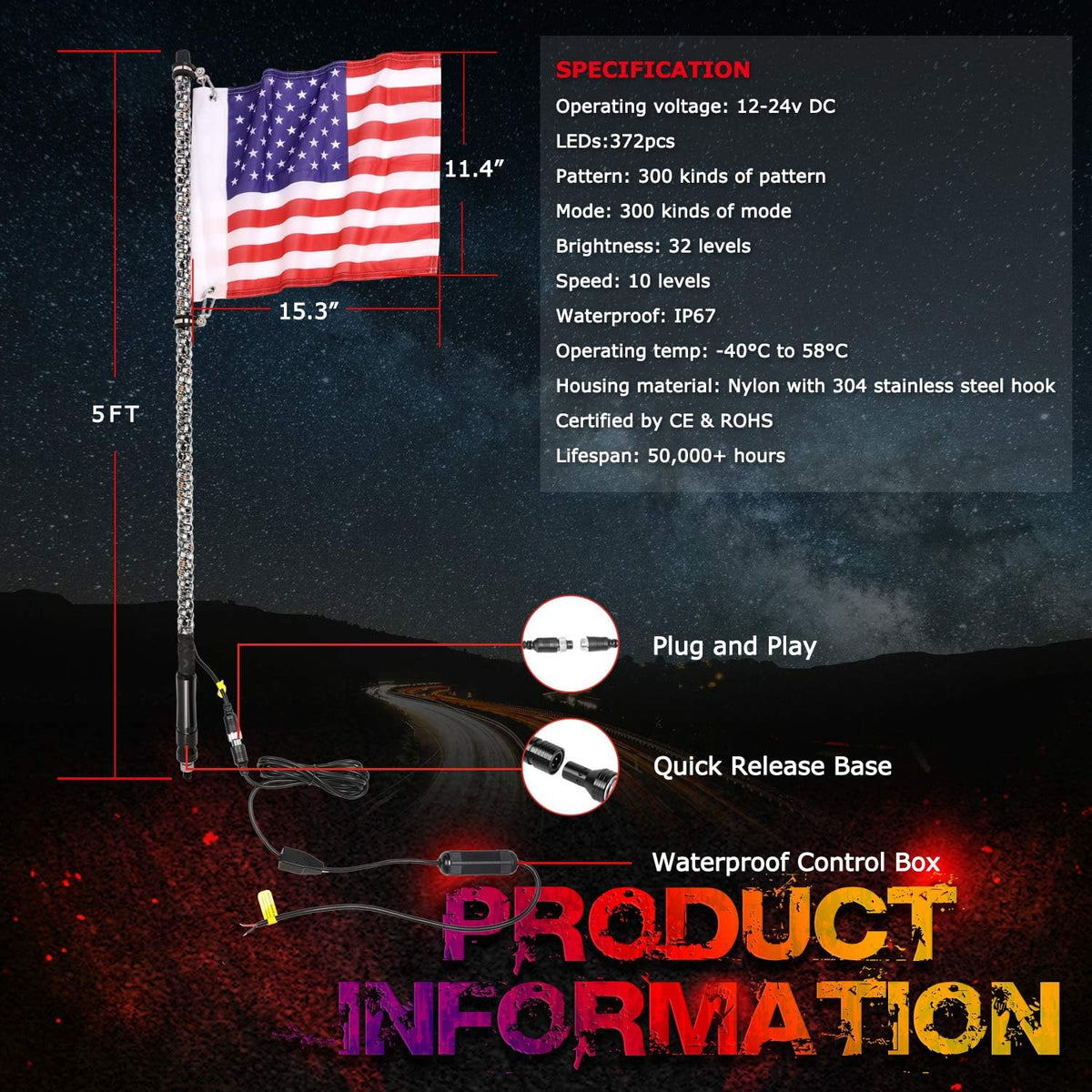 5FT RGB LED Whip Light Antenna Pack of 2 P22877