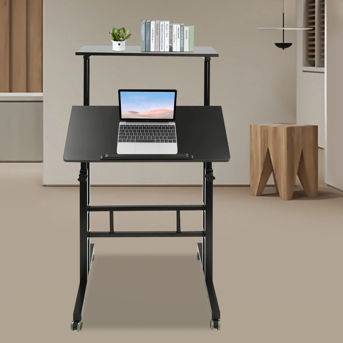 24" Mobile Stand Up Desk Adjustable Height Small Storage Desk with Wheels Black X47652