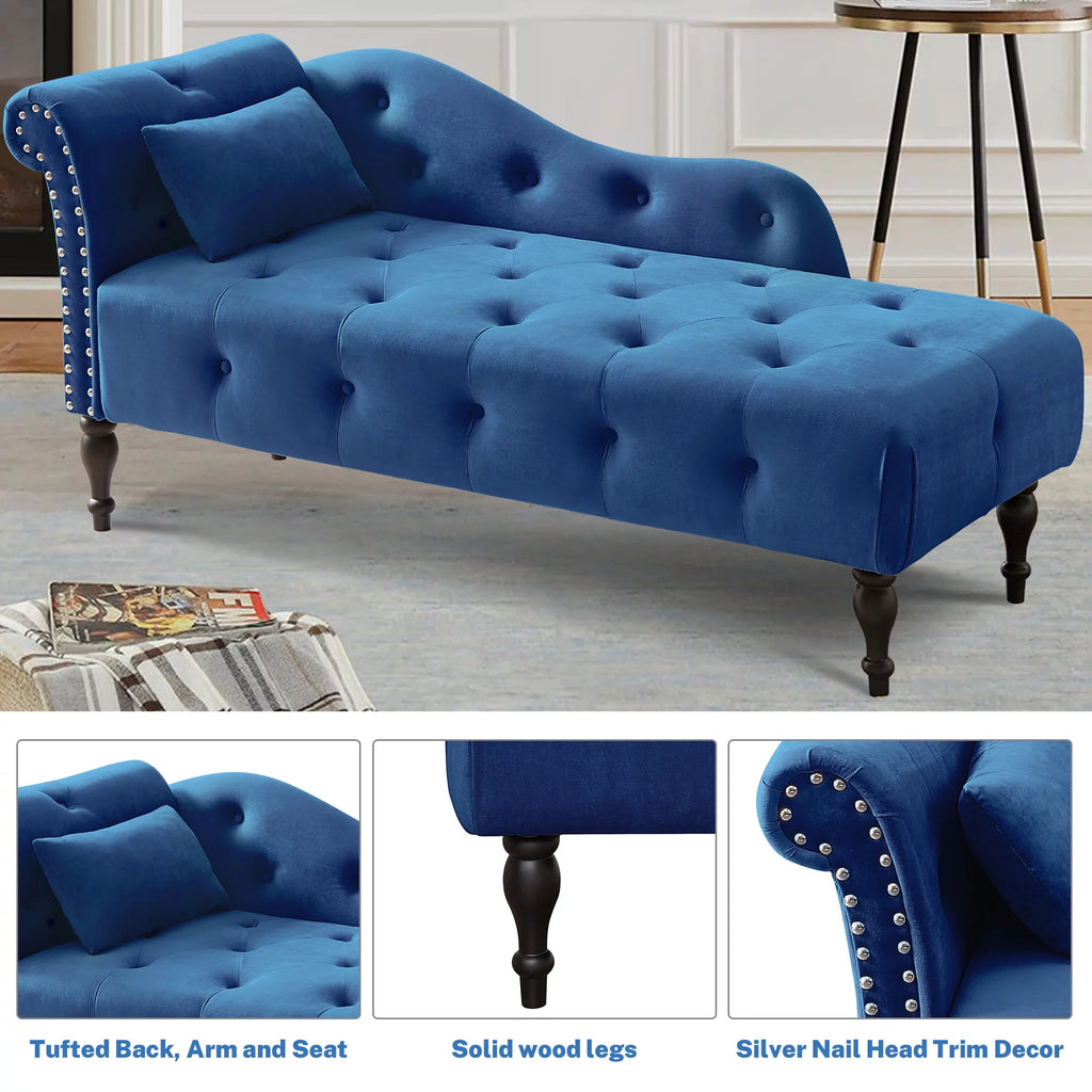 Blue Button Tufted Lounge Chaise with Accent Pillow P608301