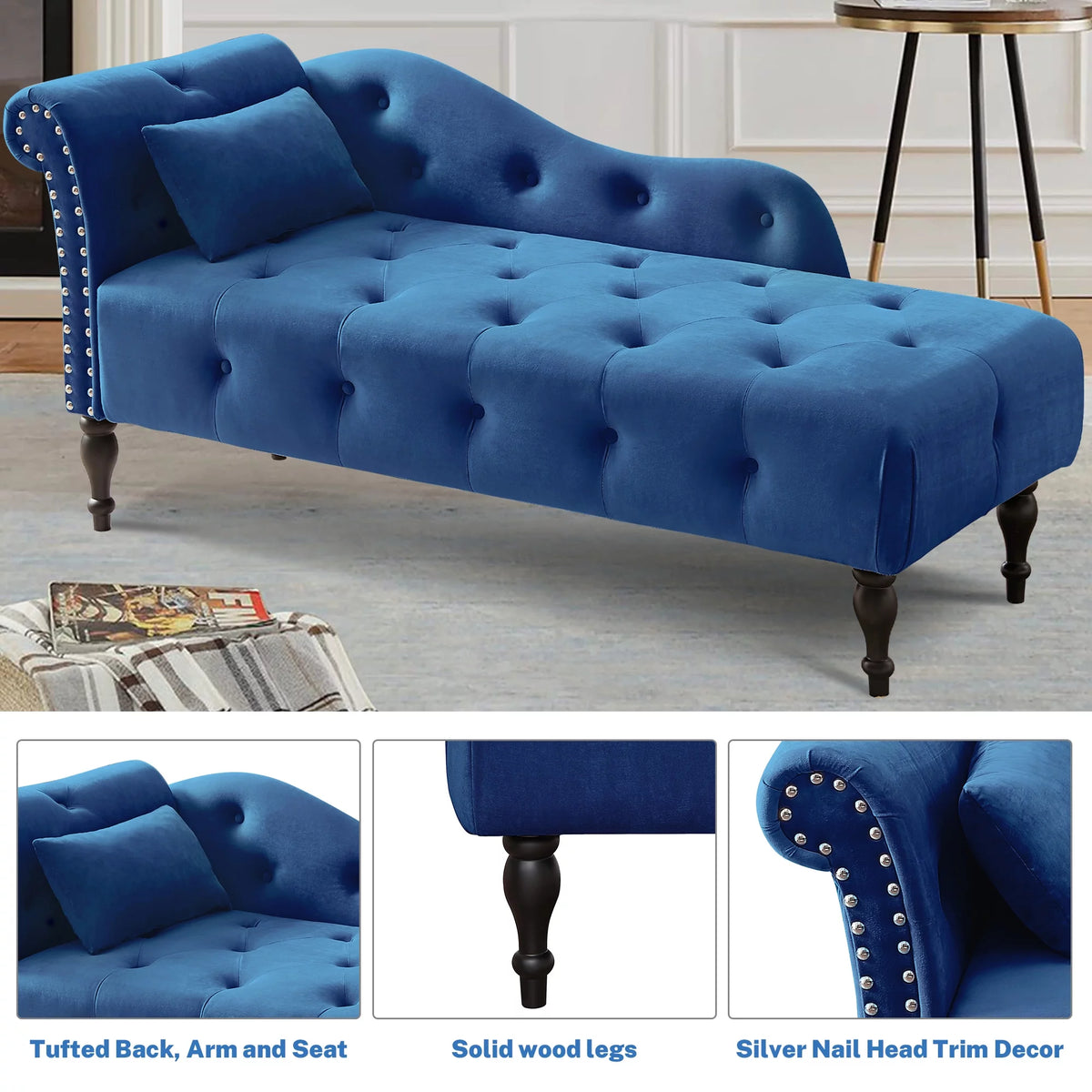 Blue Button Tufted Lounge Chaise with Accent Pillow P608301
