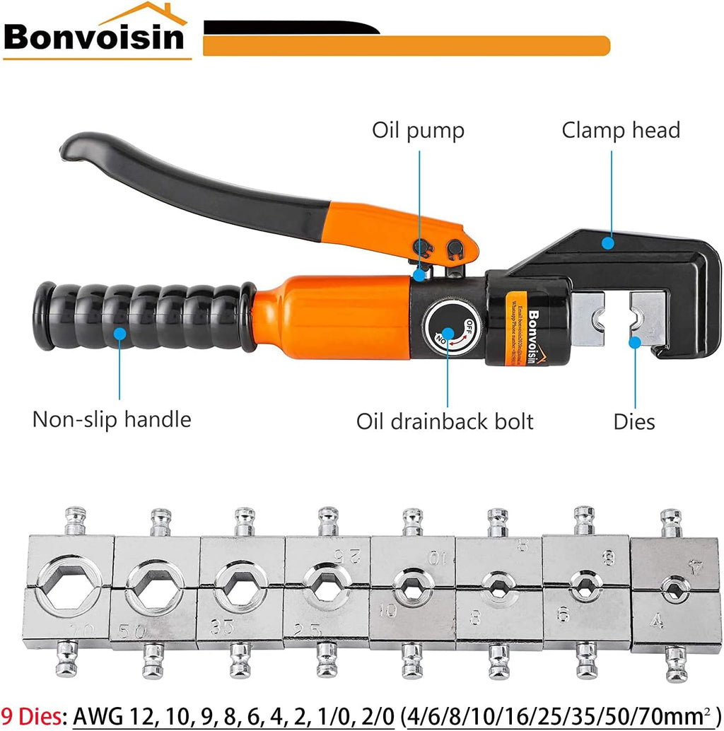 Hydraulic Wire Crimper Battery Cable Crimper awg 12-2/0 awg Lug Crimping Tool with 9 Dies B394026