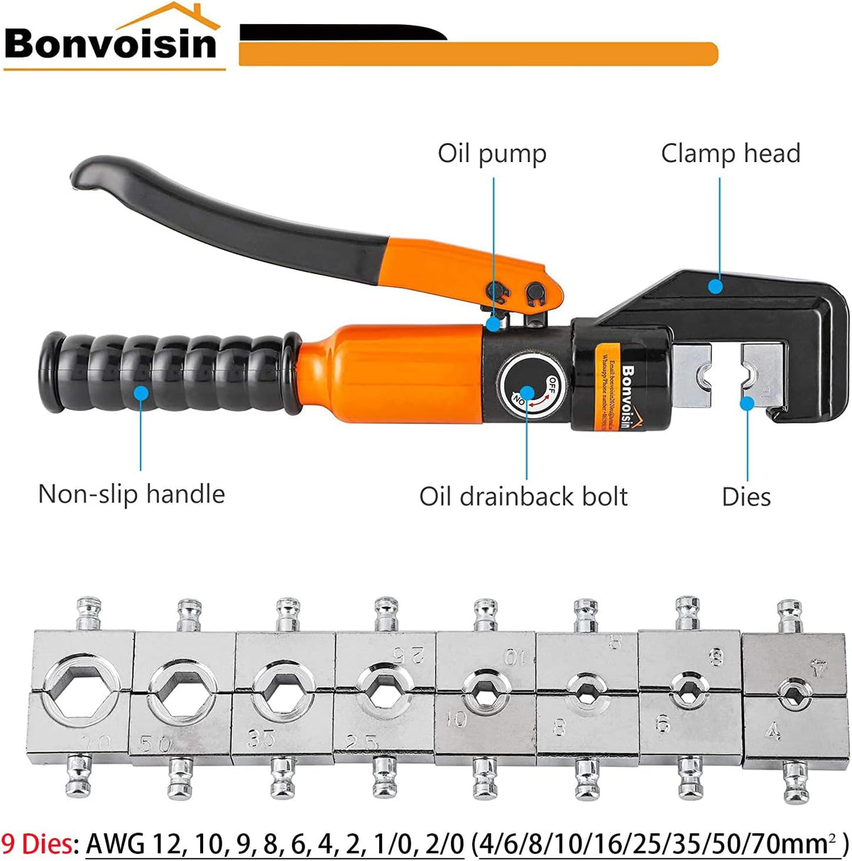 Hydraulic Wire Crimper Battery Cable Crimper awg 12-2/0 awg Lug Crimping Tool with 9 Dies B394026
