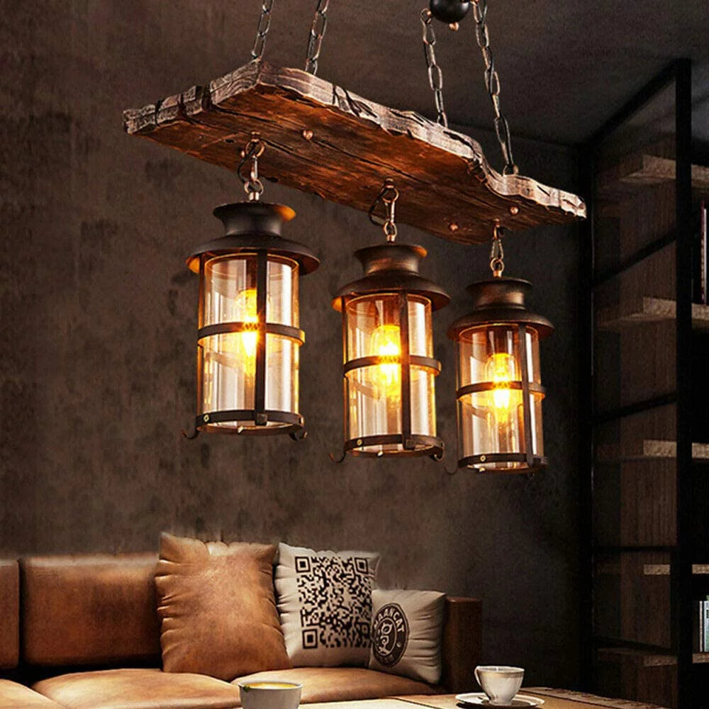 Rustic Wood 3 Heads Hanging Chandelier Ceiling Light Q381