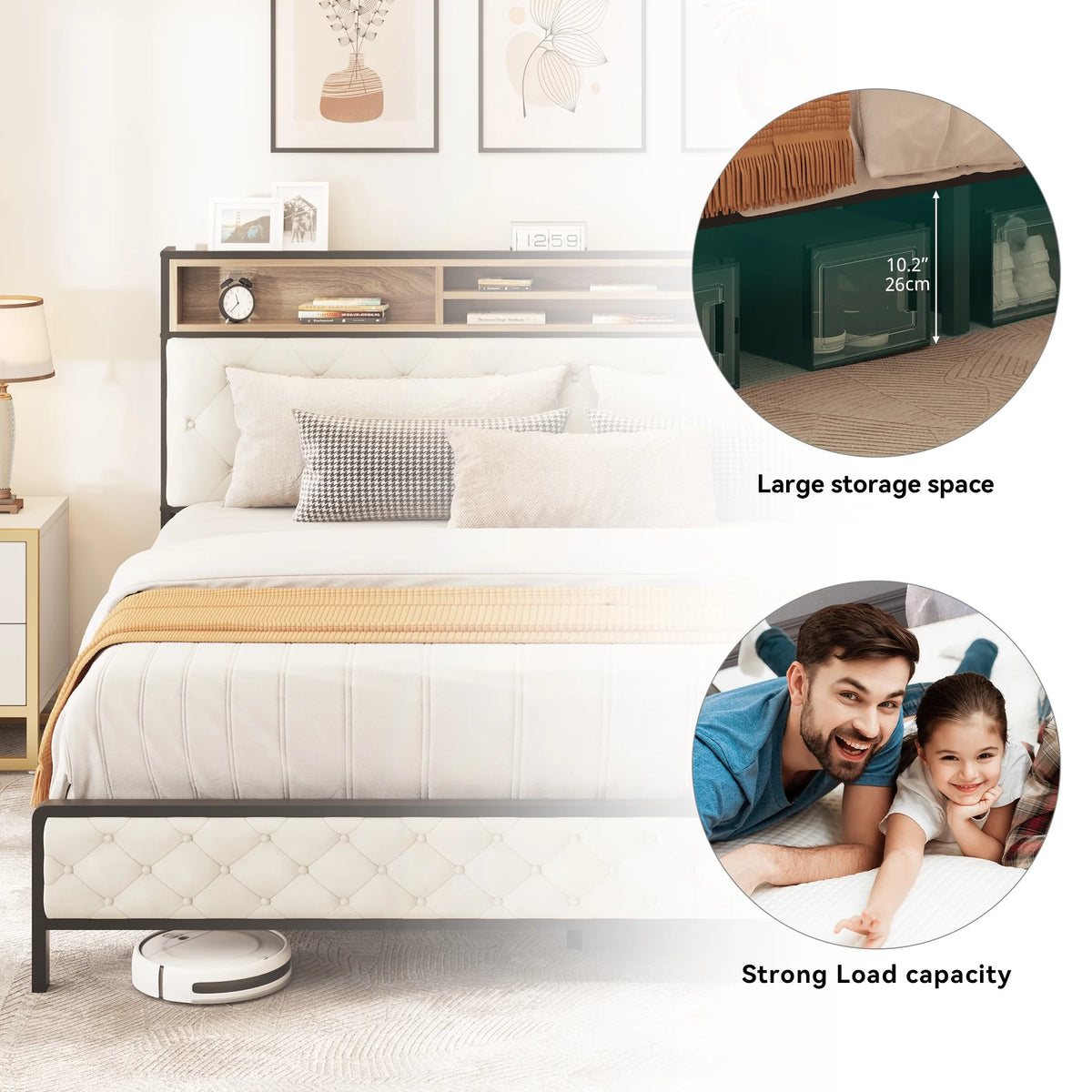 Queen Size Beige Metal Bed Frame with Storage Headboard I8338