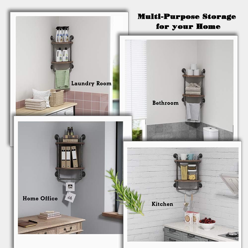 Industrial Pipe Corner Shelves, Rustic Wall Mount 2-Tiers Towel Racks with Towel Bar, Metal Bookcase, Real Wood Storage Shelving L903872
