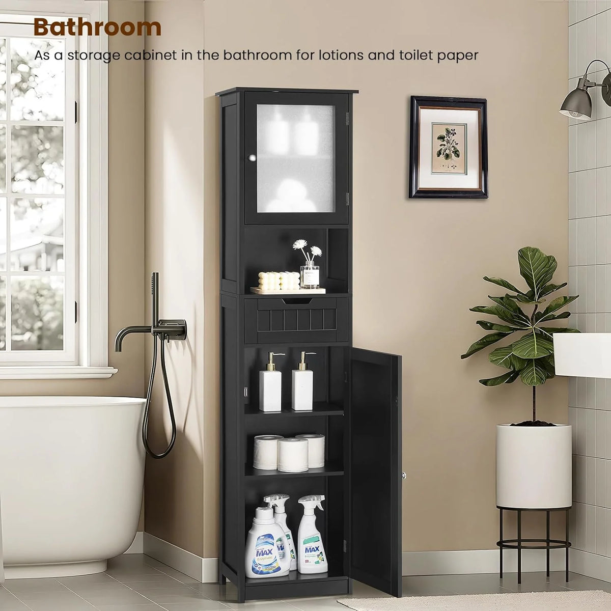 67.2" H Black Bathroom Storage Cabinet with 2 Doors & 1 Drawer Z8624