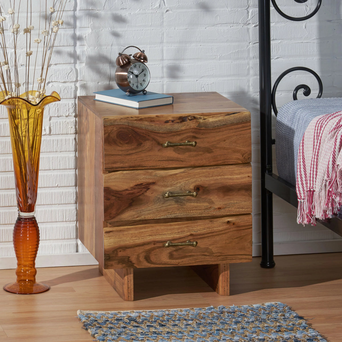 Acacia Wood 3 Drawer Nightstand T675884