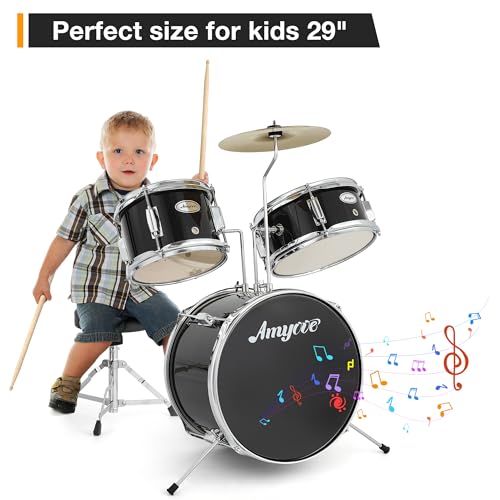 3 Piece Junior Drum Set with Cymbal, Tom, Bass Drum, Drumsticks, Bass Pedal and Drum Stool, Black W123725
