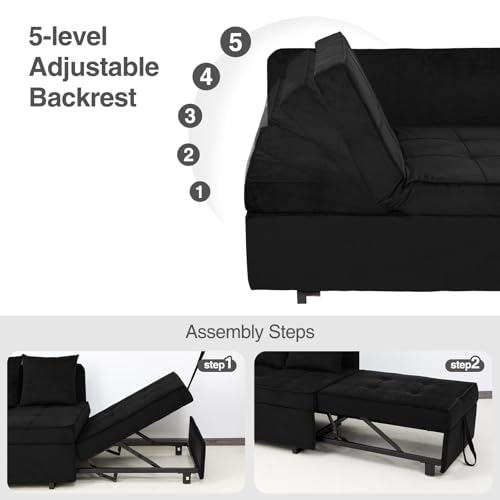 Dark Grey Velvet 4-in-1 Convertible Sofa Bed with 2 Throw Pillow F16569
