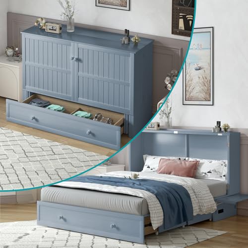 Queen Murphy Bed Cabinet with USB Charging Station and Storage Drawer A5784