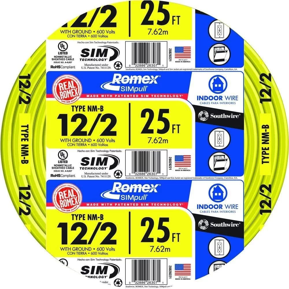 25' 12/2 with ground Yellow Electrical Wire W305350