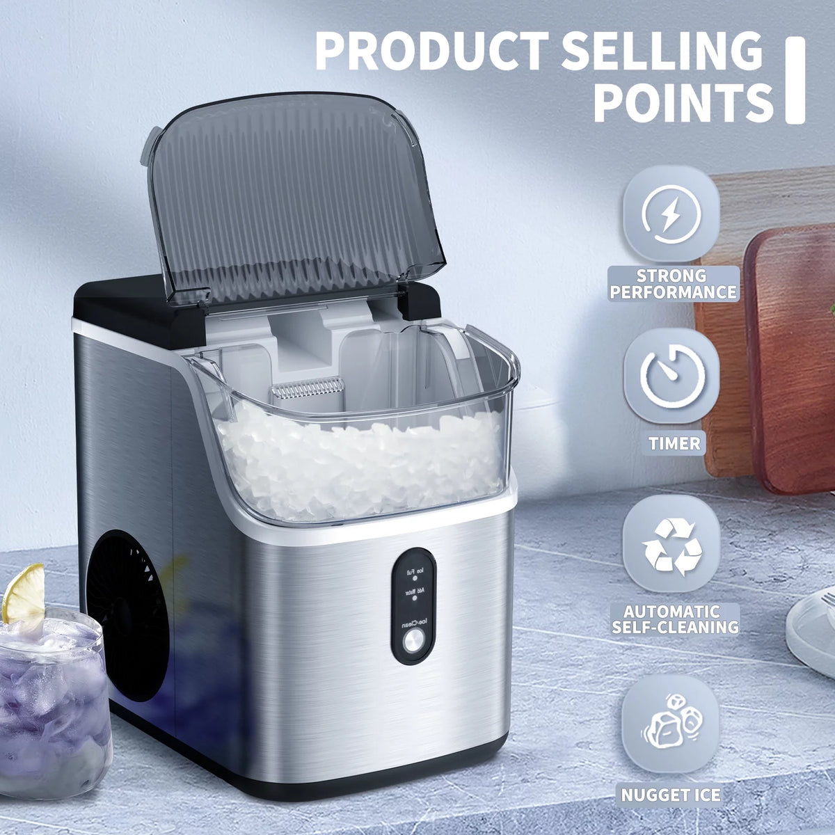 Nugget Ice Maker Countertop 33lbs/24H Self-Cleaning Stainless Steel Silver H380678