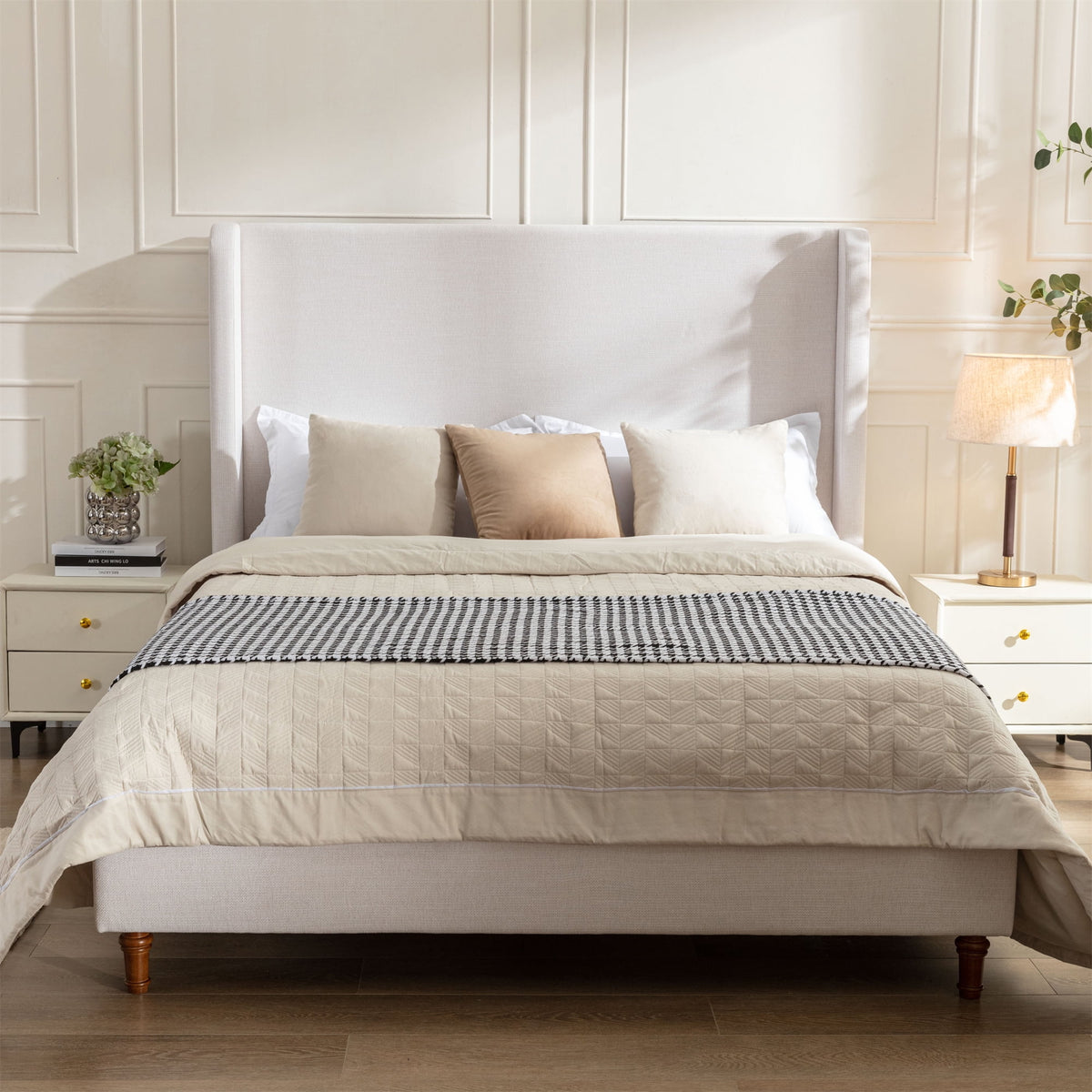 Queen Size Upholstered Platform Bed with Wingback Headboard X11909
