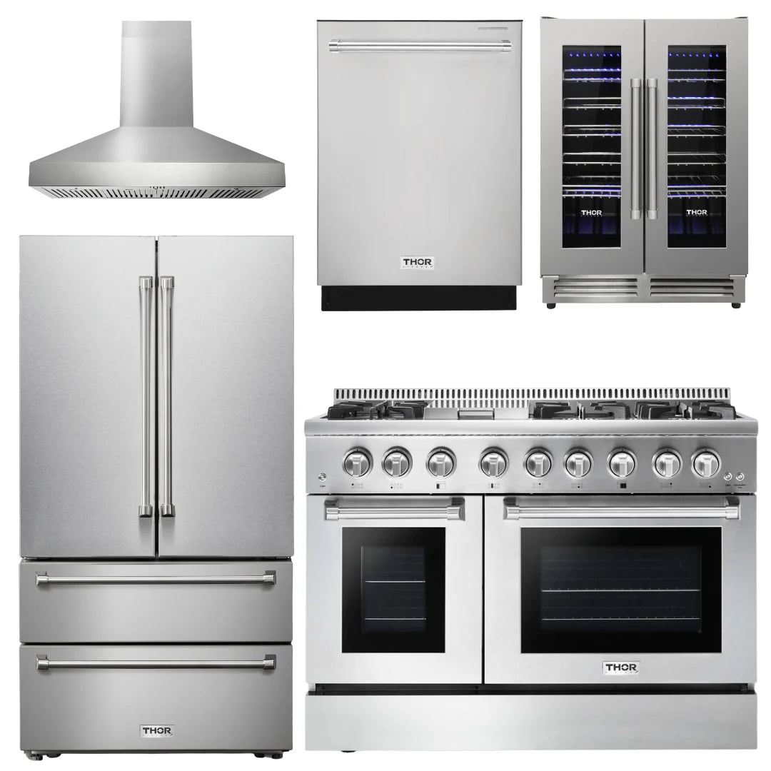 48 Dual Fuel Range, Range Hood, Refrigerator, Dishwasher, Wine Cooler E78323