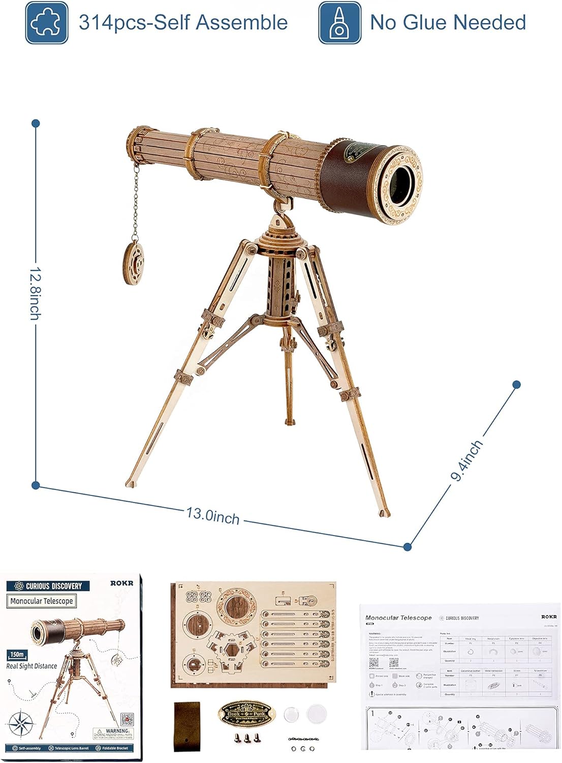 3D Wooden Telescope Building Model Kit with Tripod U9533