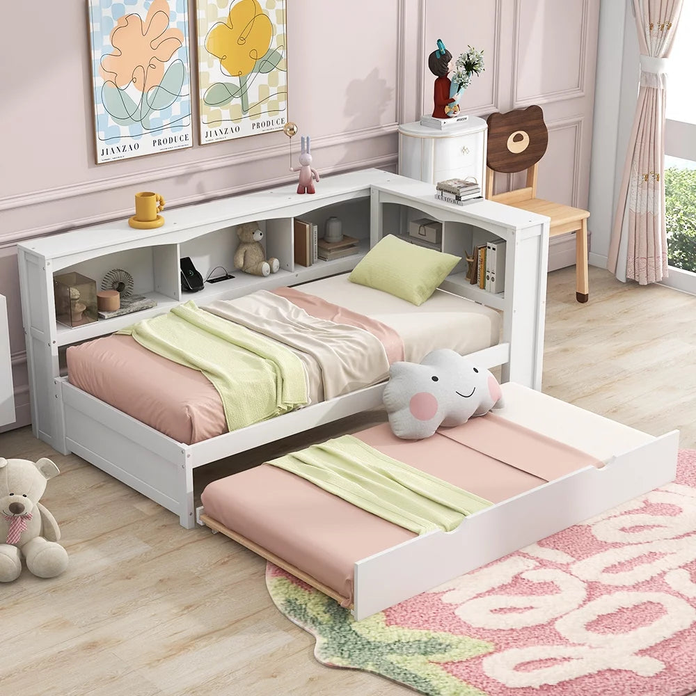Twin over Twin Size Wood Daybed with Trundle and Storage Cabinets (White) E24116