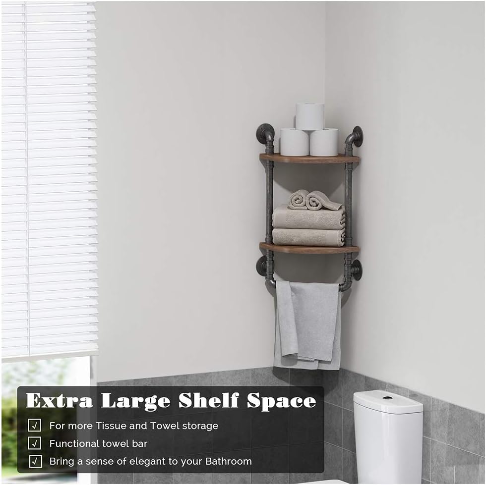 Industrial Pipe Corner Shelves, Rustic Wall Mount 2-Tiers Towel Racks with Towel Bar, Metal Bookcase, Real Wood Storage Shelving L903872