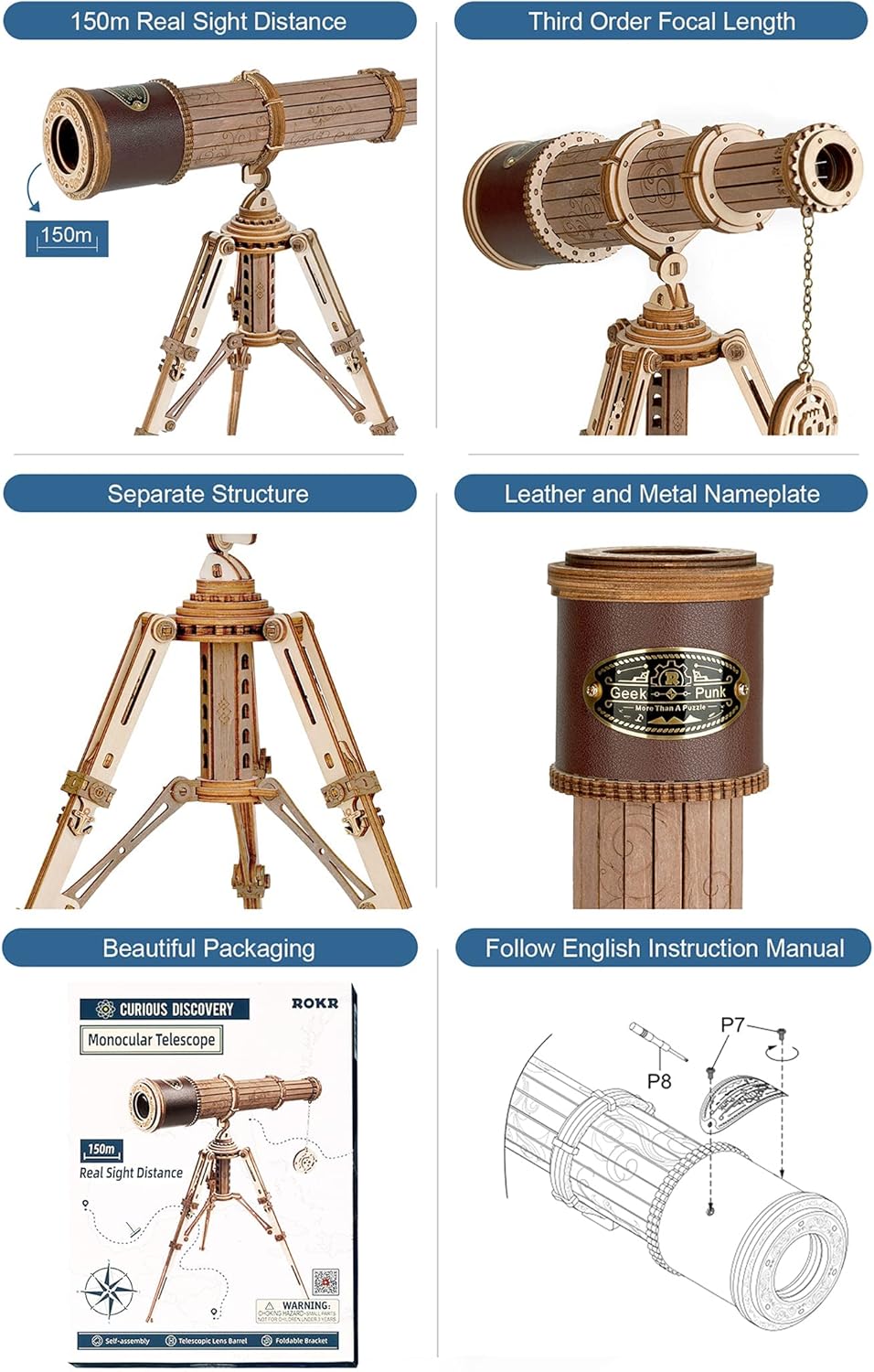 3D Wooden Telescope Building Model Kit with Tripod U9533