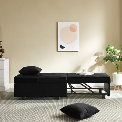 Dark Grey Velvet 4-in-1 Convertible Sofa Bed with 2 Throw Pillow F16569