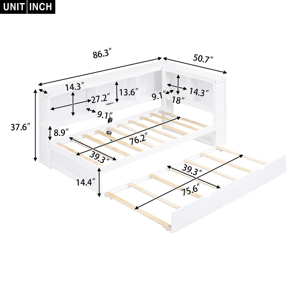 Twin over Twin Size Wood Daybed with Trundle and Storage Cabinets (White) E24116