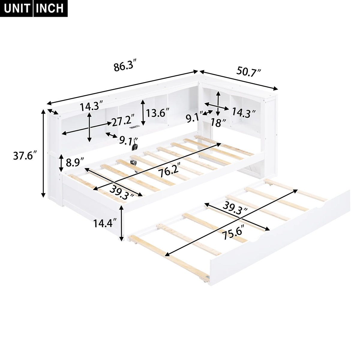 Twin over Twin Size Wood Daybed with Trundle and Storage Cabinets (White) E24116