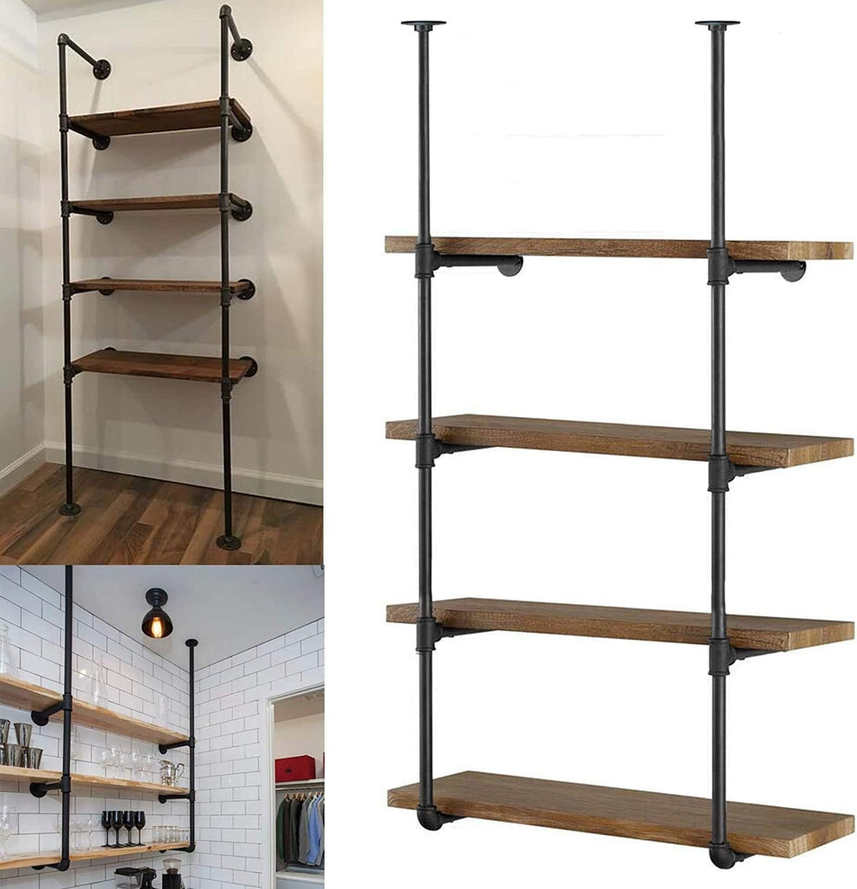 Industrial Wall Mount Iron Pipe Shelving 5 Tier Black A4234