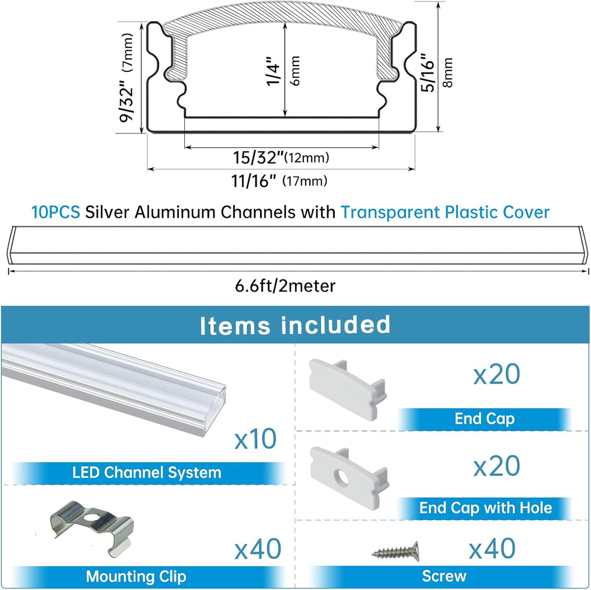 10Pack 6.6FT U Shape LED Aluminum Channel System with Clear Lens Cover I9717