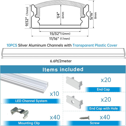 10Pack 6.6FT U Shape LED Aluminum Channel System with Clear Lens Cover I9717