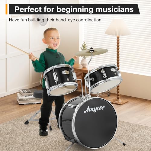 3 Piece Junior Drum Set with Cymbal, Tom, Bass Drum, Drumsticks, Bass Pedal and Drum Stool, Black W123725