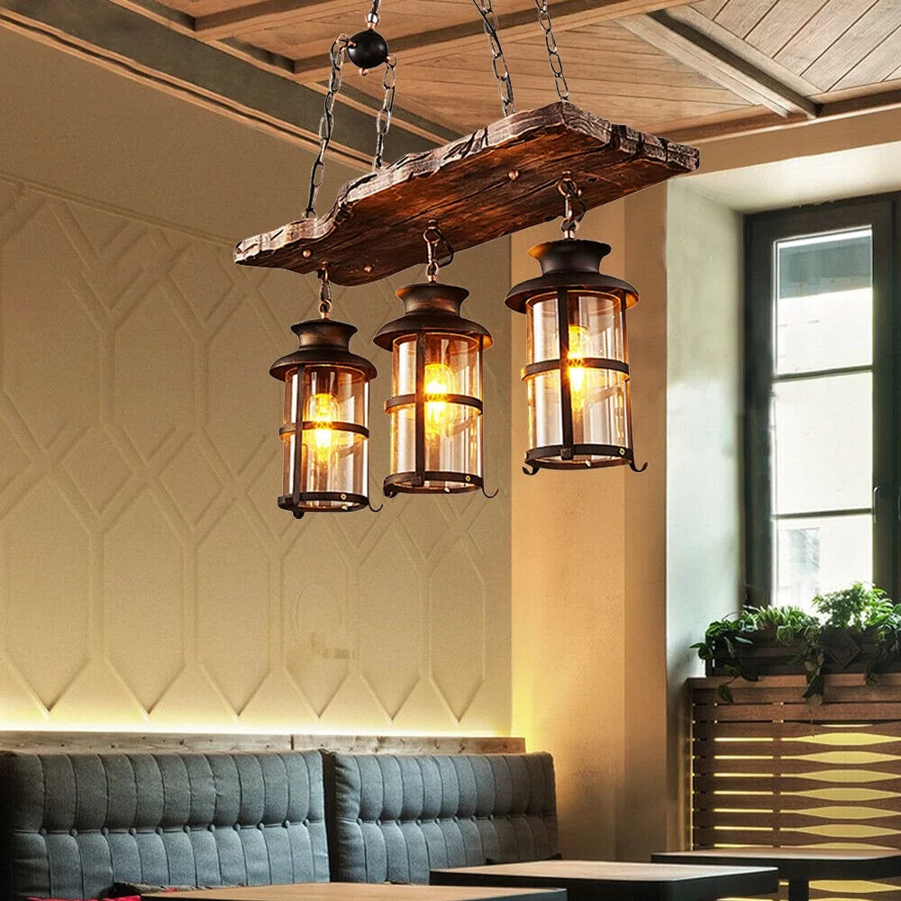 Rustic Wood 3 Heads Hanging Chandelier Ceiling Light Q381