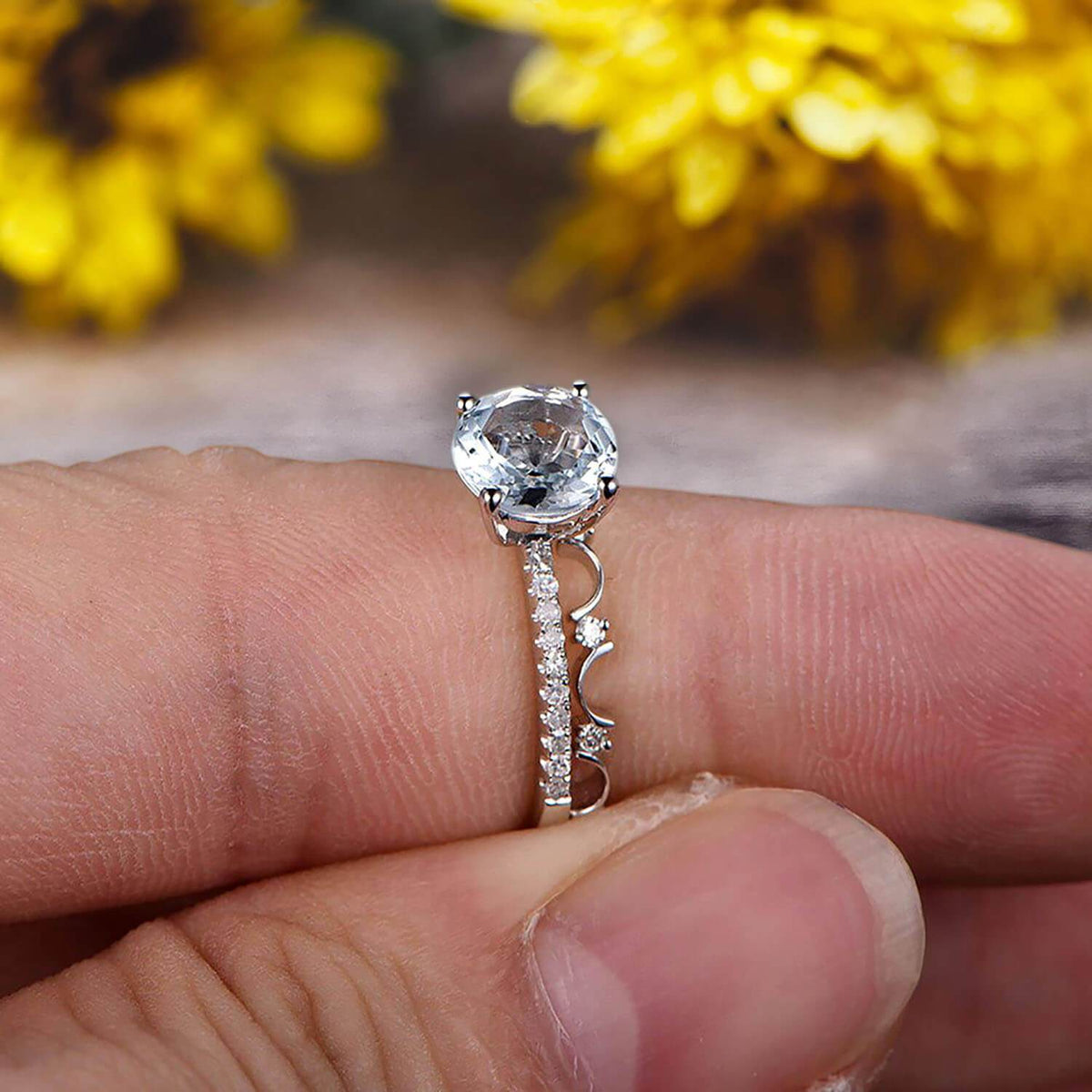 2 Carat 6mm Round Cut Blue Aquamarine Engagement Ring on 10k White Gold E112