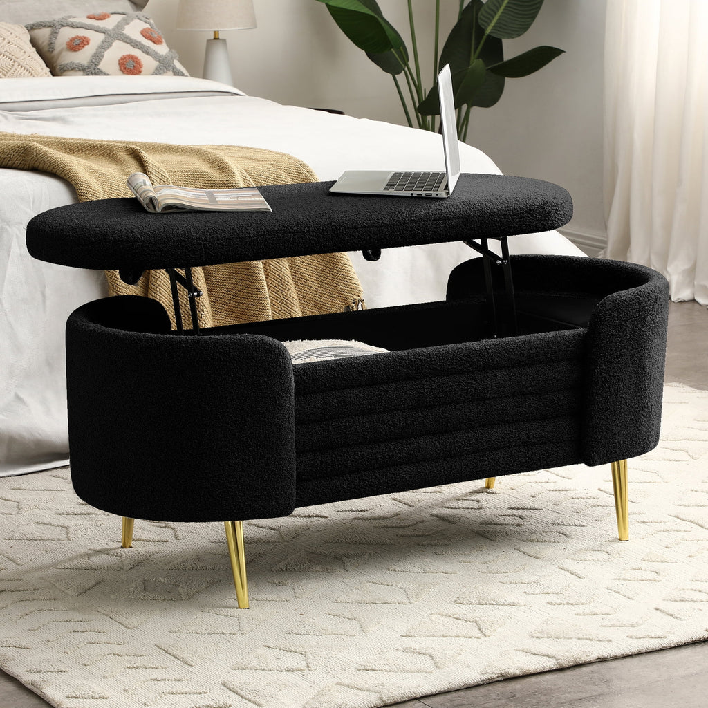 Black Sherpa Fabric Storage Bench J77953