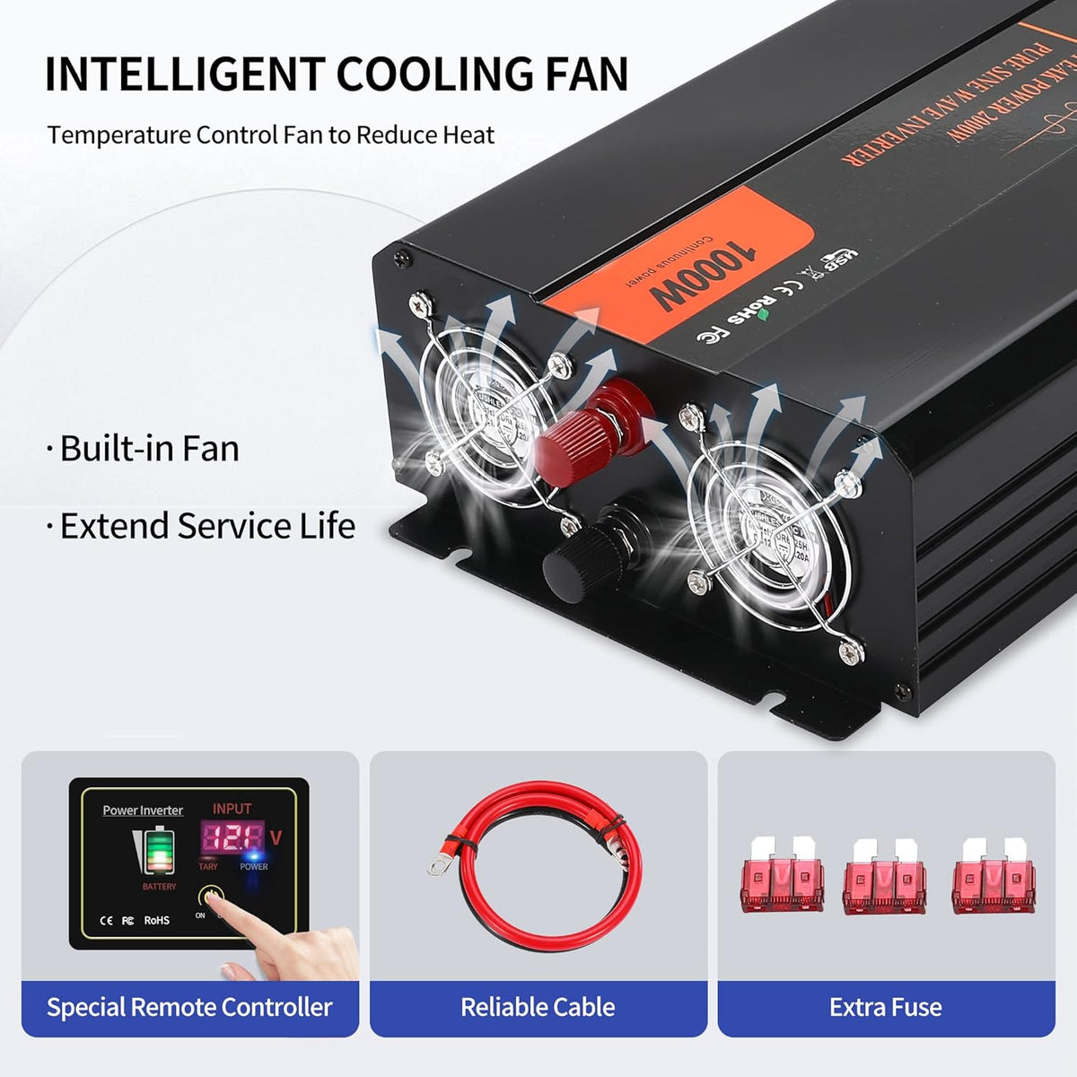 1000W Pure Sine Wave Power Inverter DC 12V to AC 120V with LCD Display Remote Control USB Port D121801