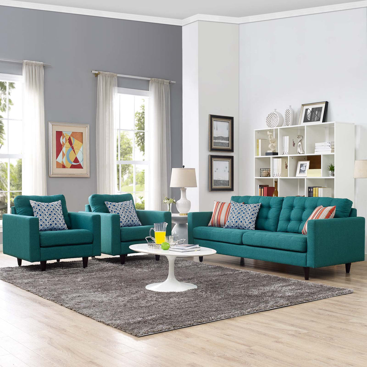 Fabric Aqua Blue Armchair and Sofa Set O84847