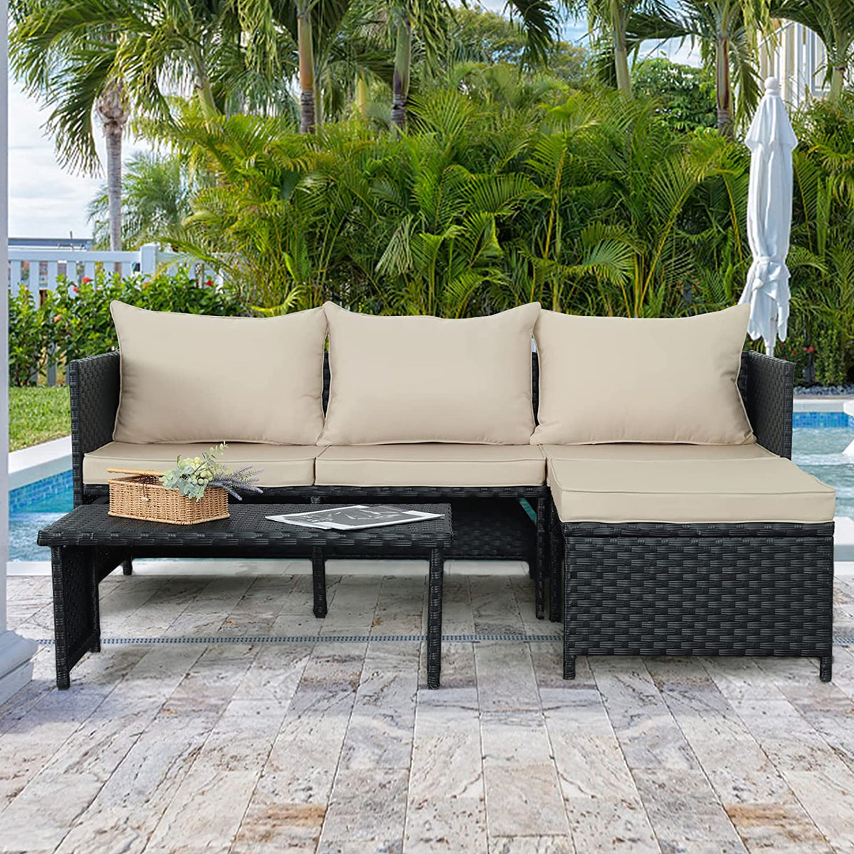 3-Piece Outdoor PE Rattan Patio Conversation Sofa Set R635514