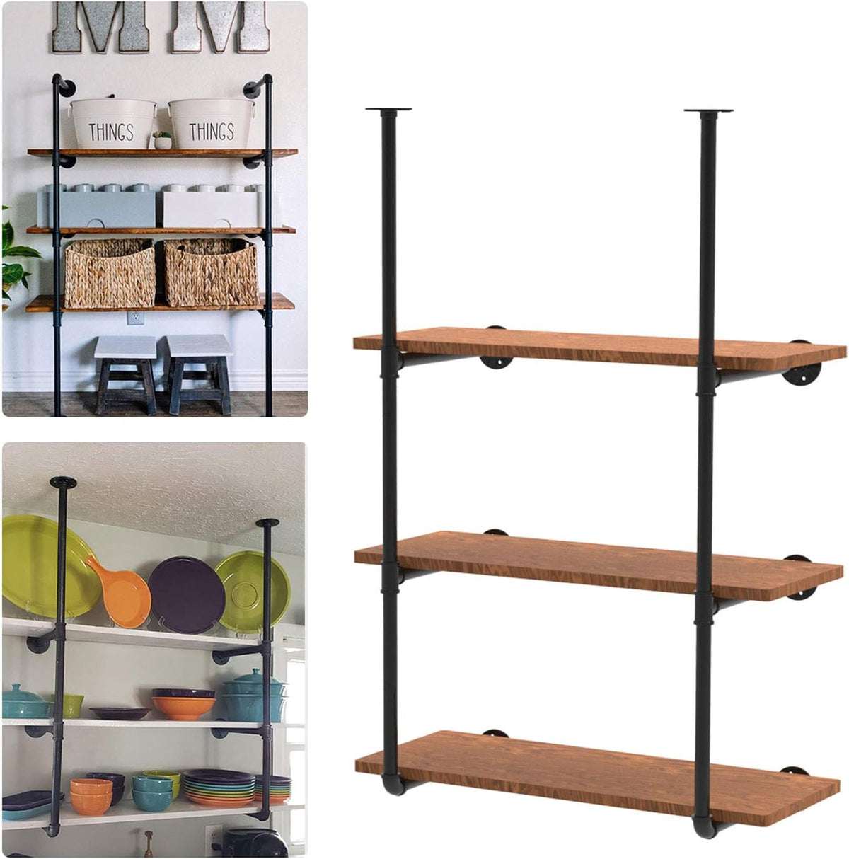 Industrial Wall Mount Iron Pipe Shelving 5 Tier Black A4234
