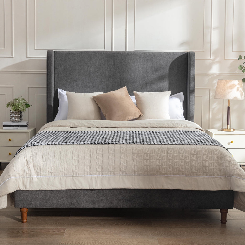 Queen Size Upholstered Platform Bed with Wingback Headboard X11909