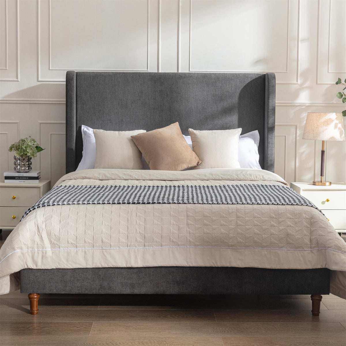 Queen Size Upholstered Platform Bed with Wingback Headboard X11909