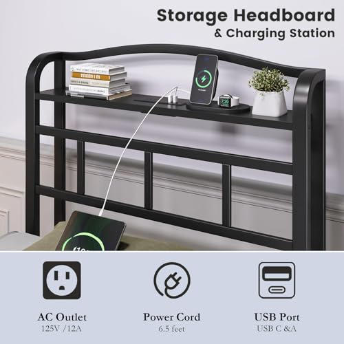 Black 14 Inch Full Size Metal Platform Bed Frame with Storage Headboard and Charging Station D609642