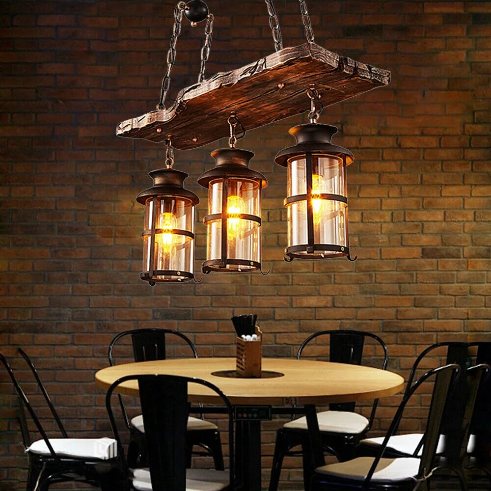 Rustic Wood 3 Heads Hanging Chandelier Ceiling Light Q381