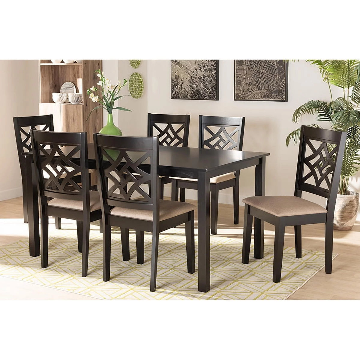 Sand Fabric Upholstered Dark Brown Wood 7-Piece Dining Set U20601